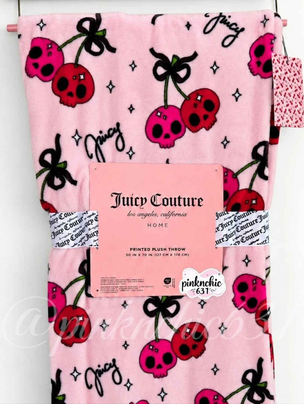 Juicy Couture Pink Skulls Poison Cherries Plush Halloween Throw Blanket